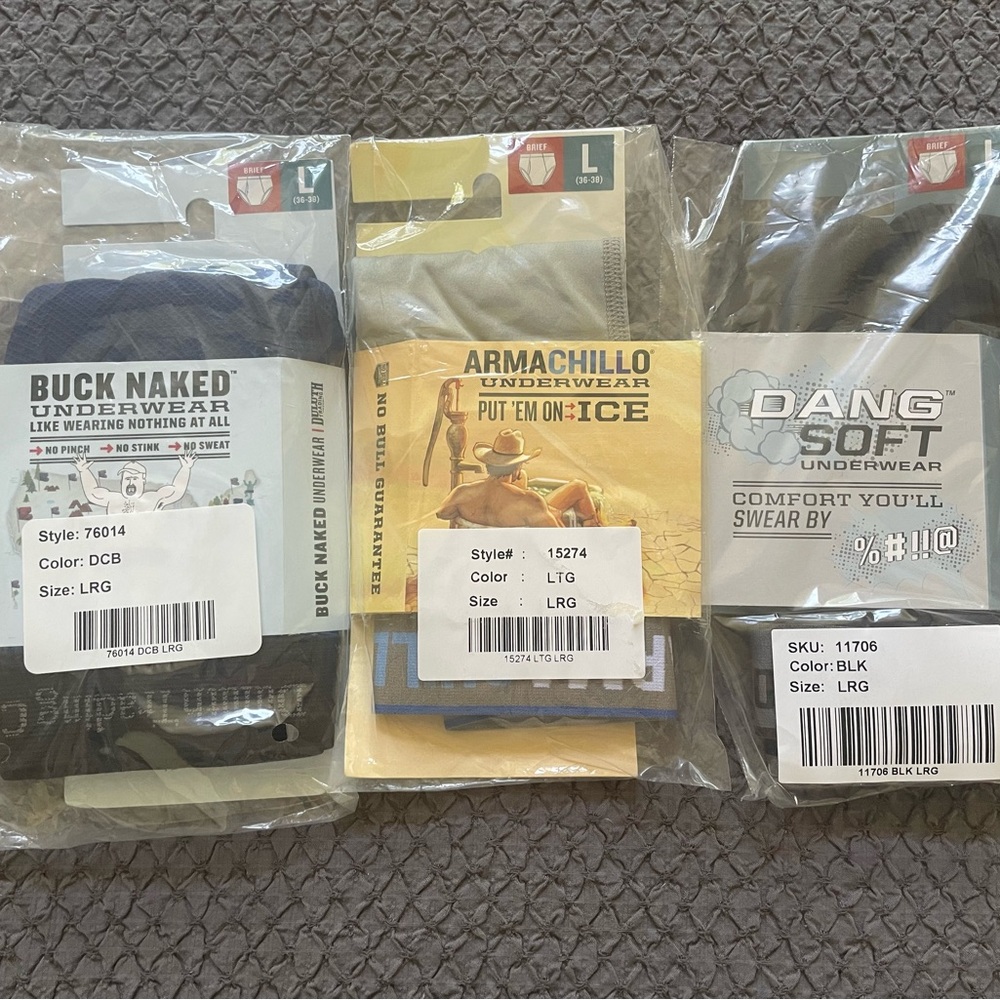 Duluth Trading mens briefs sz Large: Amachillo, Buck Naked & Dang Soft